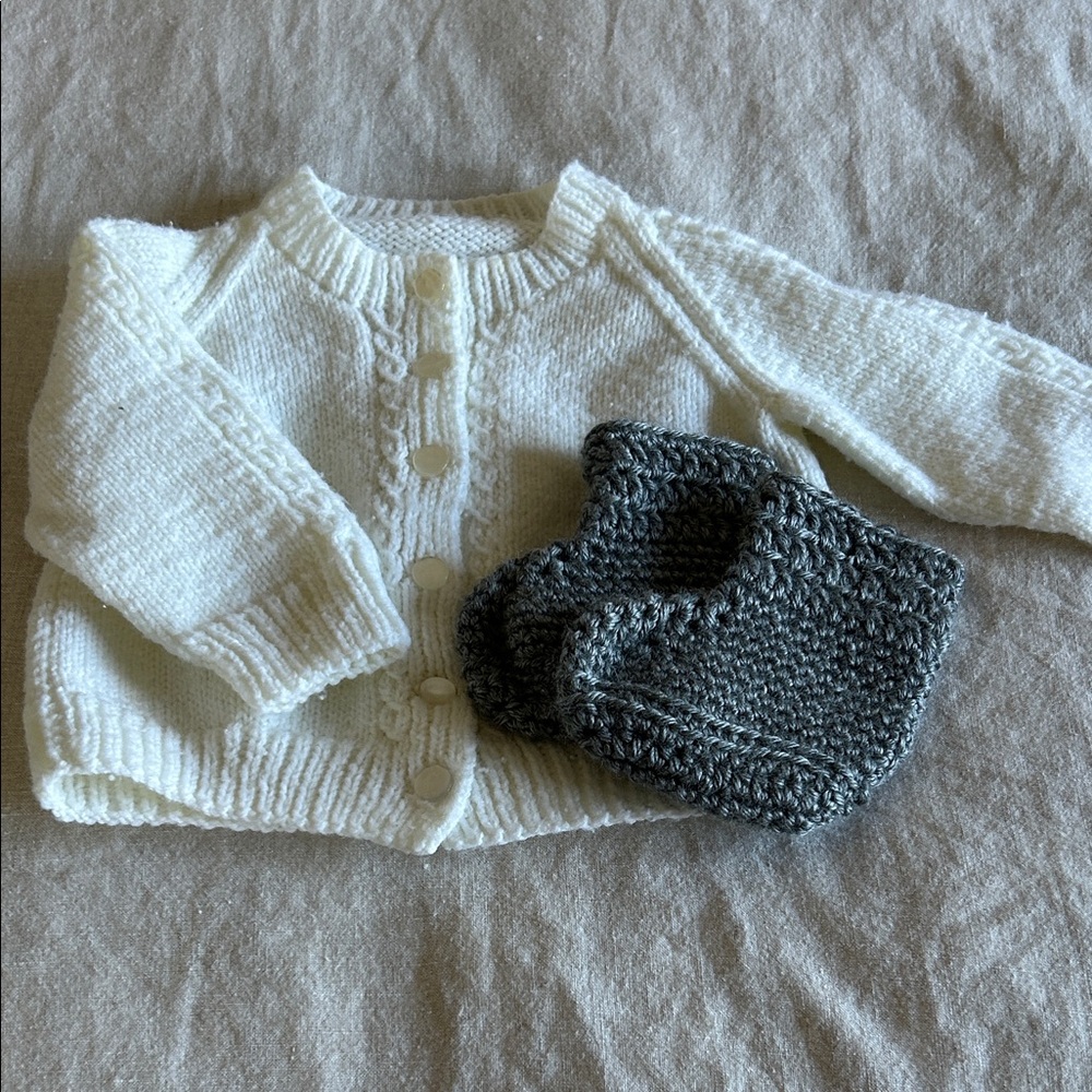 White Knit Baby Cardigan and Gray Booties